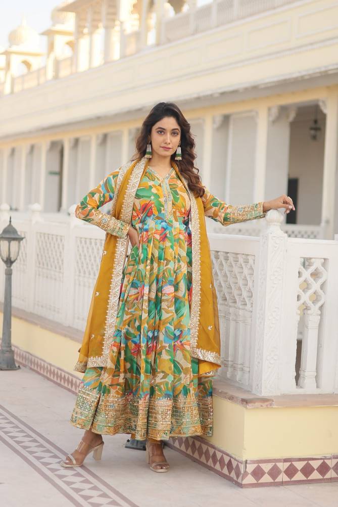 KA 1080 Digital printed Russian Silk With Embroidery Readymade Gown With Dupatta Wholesale Online